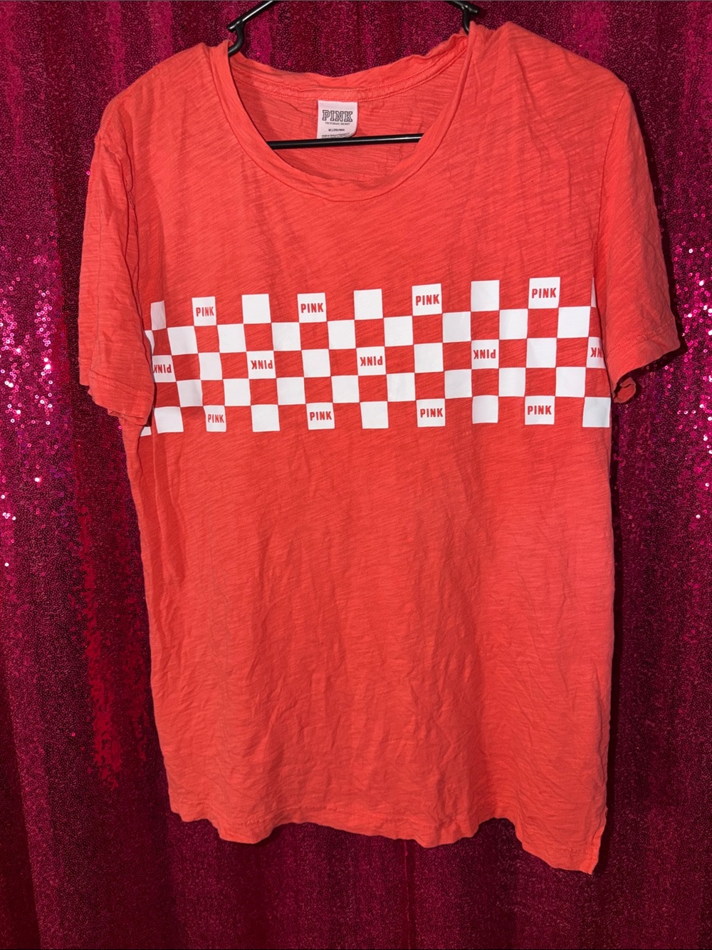 PINK Victoria's Secret Coral Orange Checkerboard Tee